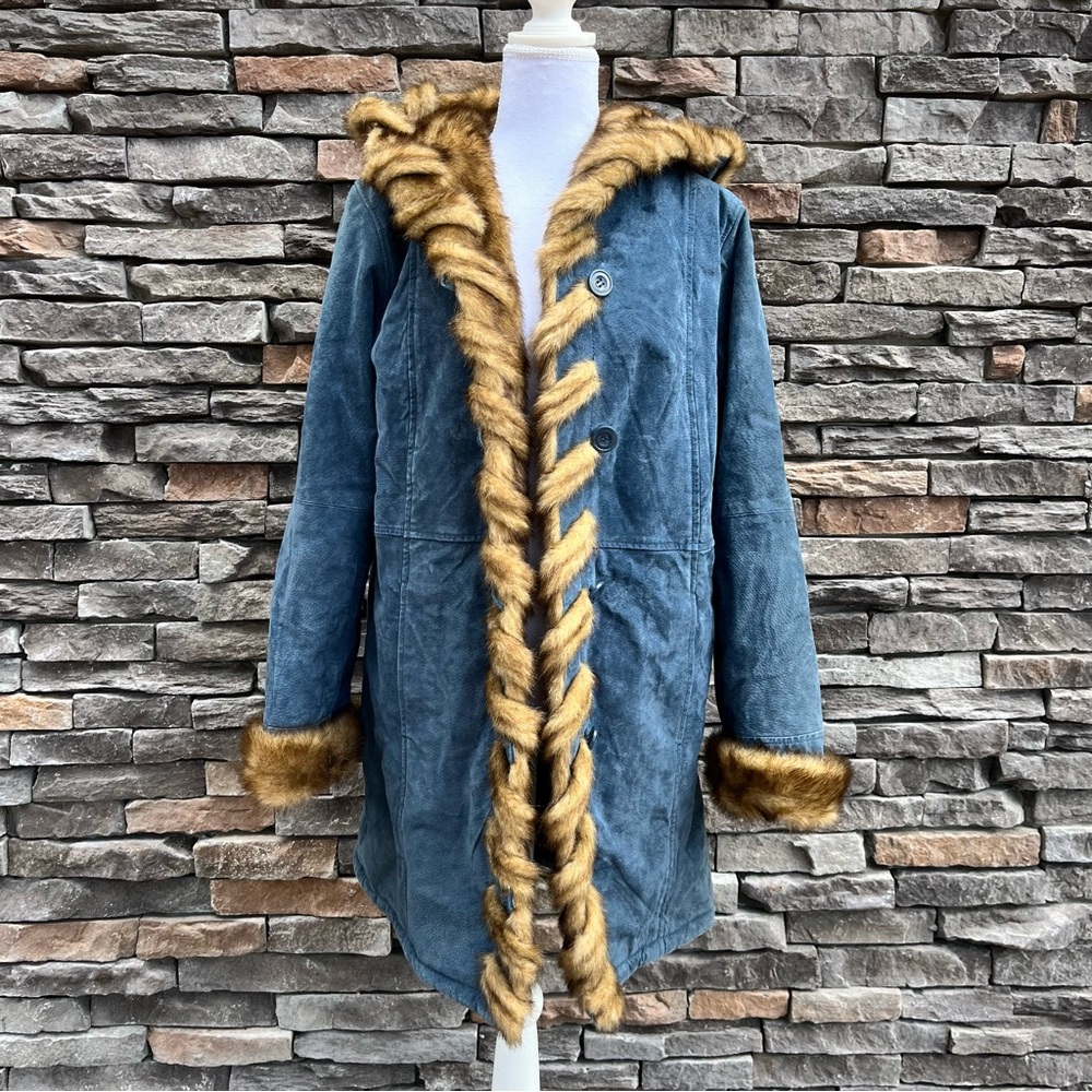 Dennis Basso Penny Lane Blue Suede Leather Coat Faux Fur Hood